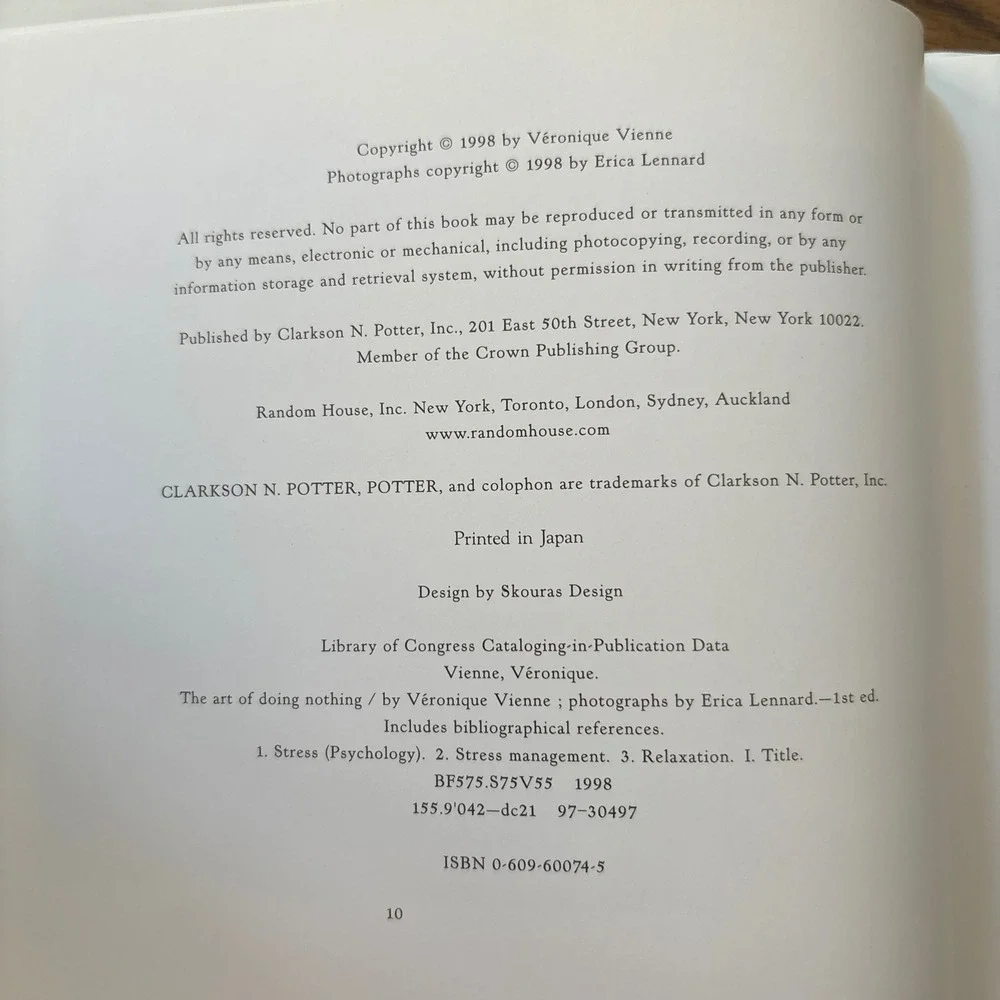 The Art of Doing Nothing Veronique Vienne Hardcover 1st Ed 1998 Meditation
